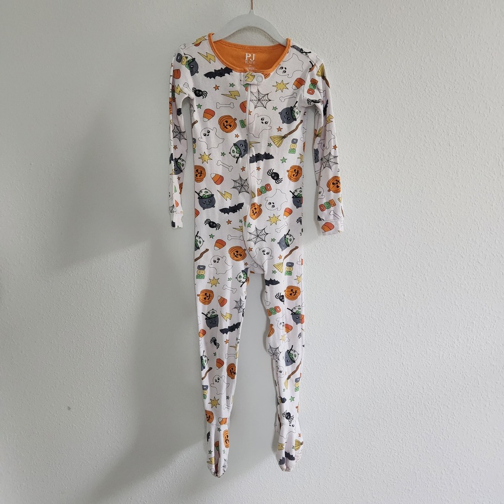 Kids Halloween Ghost Pumpkin Bat Footie Pajamas White Orange size 4T